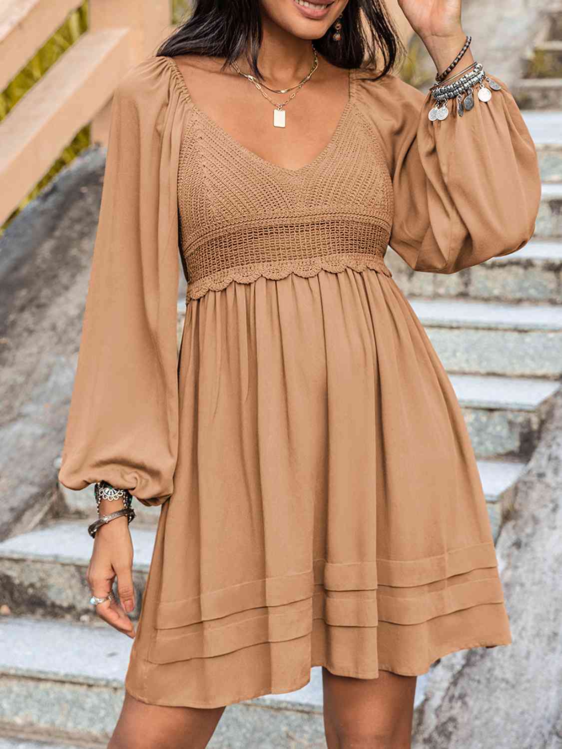 Rosy Brown Crochet V-Neck Balloon Sleeve Dress Sentient Beauty Fashions Apparel & Accessories