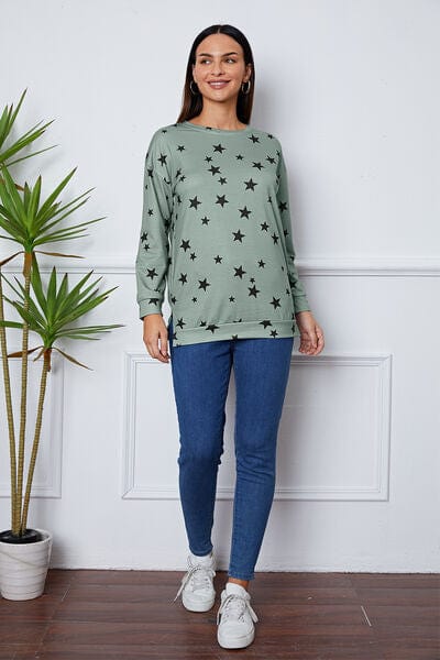 Light Gray Star Print Round Neck Dropped Shoulder Sweatshirt