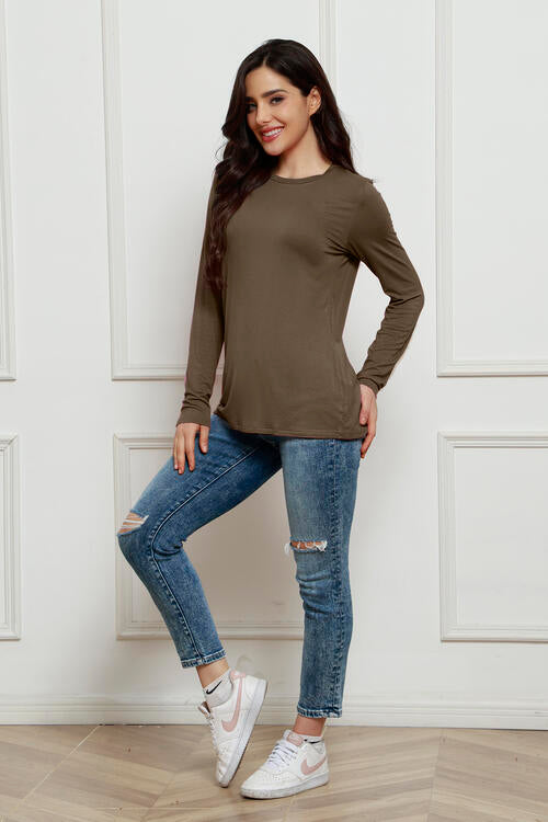 Light Gray Basic Bae Full Size Round Neck Long Sleeve Top Sentient Beauty Fashions Apparel &amp; Accessories