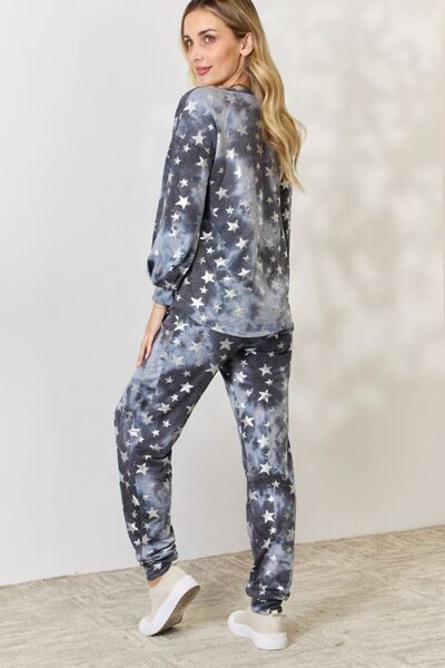 Light Gray BiBi Star pattern Long Sleeve Top and Drawstring Pants Set Sentient Beauty Fashions Sleepwear