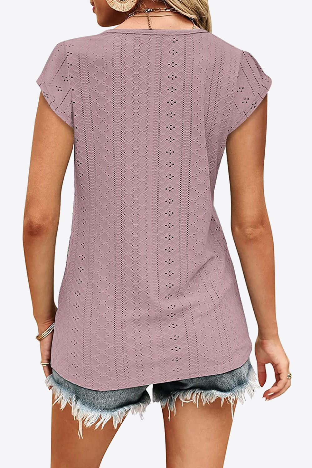Rosy Brown Eyelet Contrast V-Neck Tee
