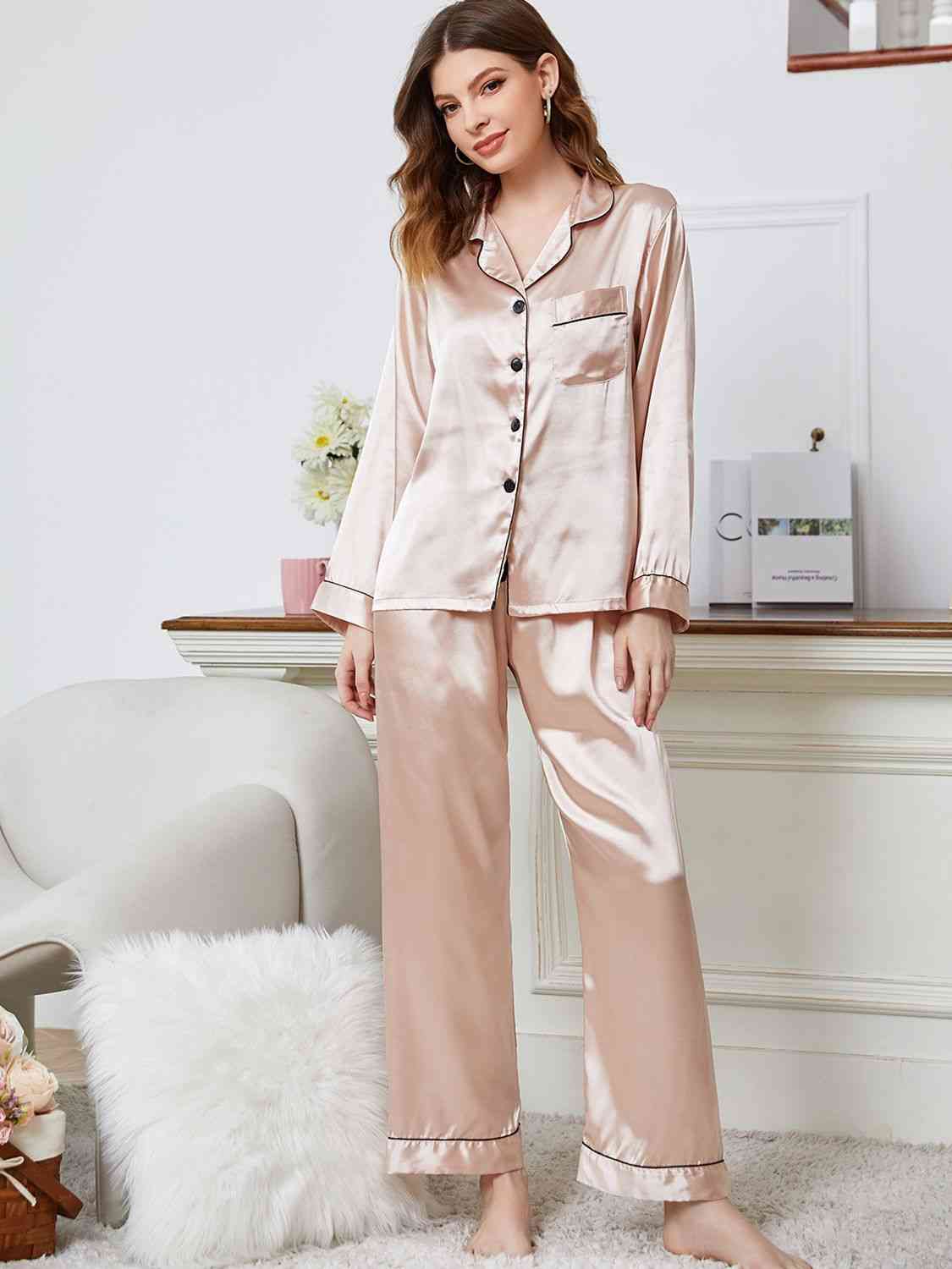 Light Gray Lapel Collar Long Sleeve Top and Pants Pajama Set Sentient Beauty Fashions Apparel &amp; Accessories