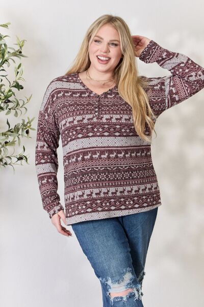 Light Gray Heimish Full Size Christmas Element Buttoned Long Sleeve Top Sentient Beauty Fashions Apparel & Accessories