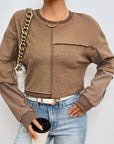 Rosy Brown Exposed Seam Round Neck Long Sleeve Sweatshirt