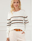 Light Gray Openwork Striped Round Neck Sweater Sentient Beauty Fashions Apparel & Accessories