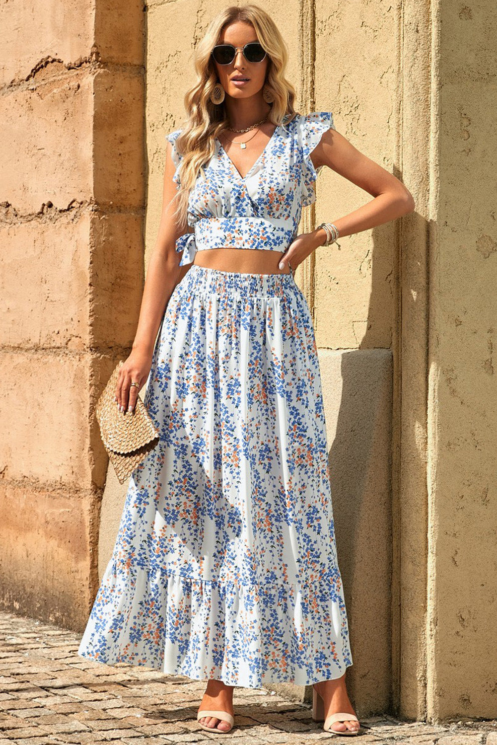 Tan Printed Tie Back Cropped Top and Maxi Skirt Set