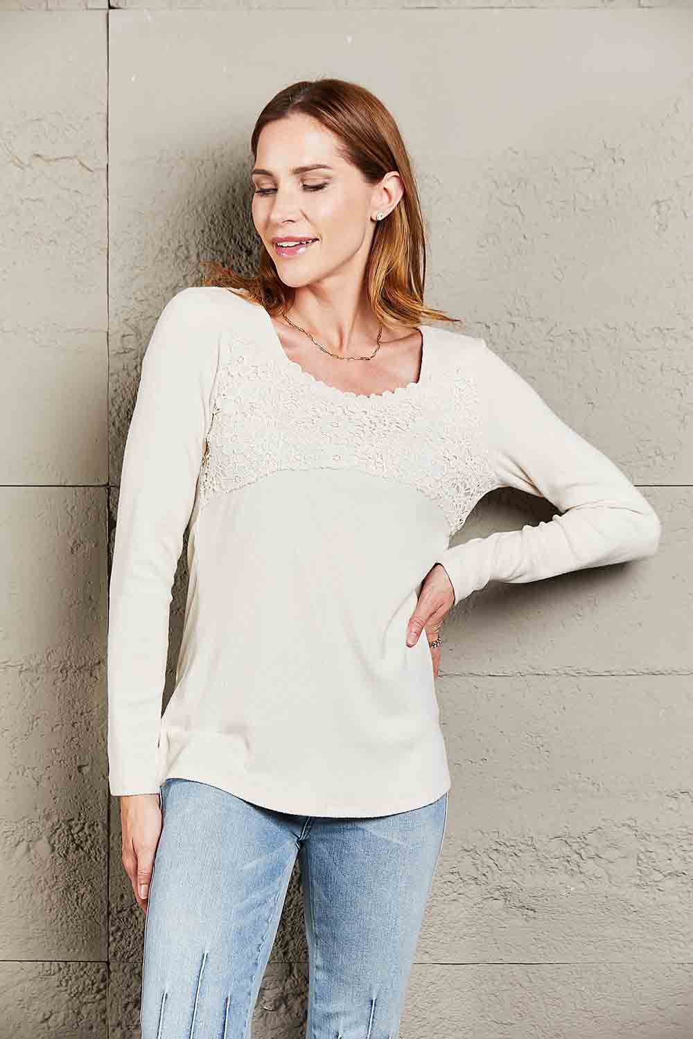 Gray Double Take Lace Crochet Long Sleeve Top Sentient Beauty Fashions Apparel & Accessories