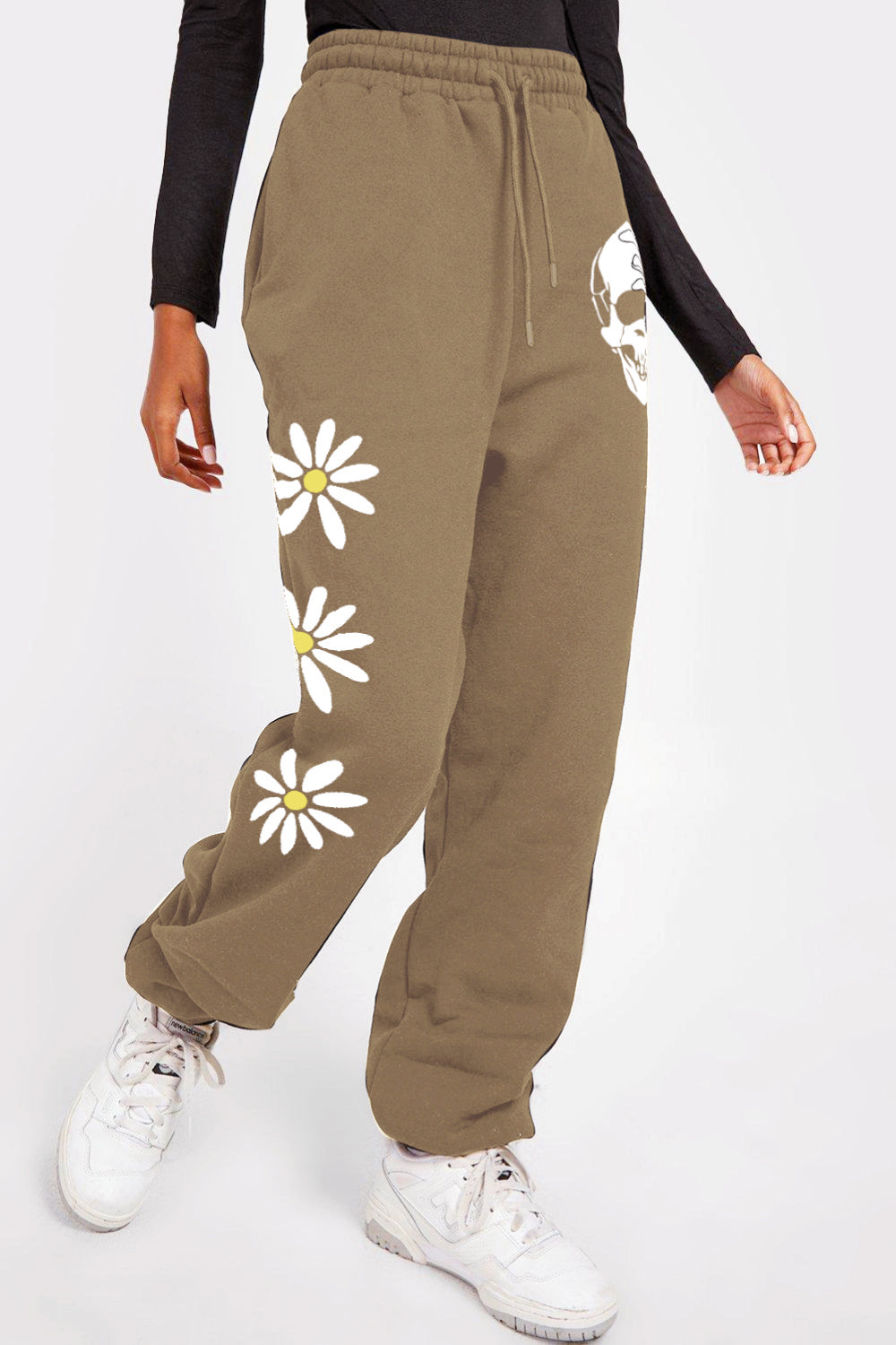 Lavender Simply Love Full Size Drawstring Flower & Skull Graphic Long Sweatpants Sentient Beauty Fashions Apparel & Accessories