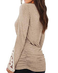 Rosy Brown Lace Detail Long Sleeve Round Neck T-Shirt Sentient Beauty Fashions Apparel & Accessories