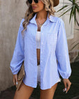 Dark Gray Striped Pocketed Button Up Long Sleeve Shirt Sentient Beauty Fashions Apparel & Accessories