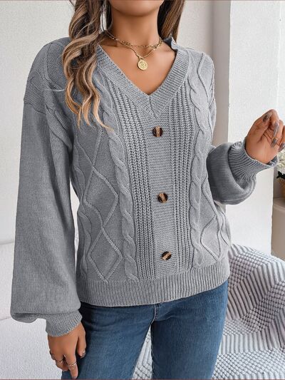 Light Slate Gray Cable-Knit Buttoned V-Neck Sweater Sentient Beauty Fashions Apparel & Accessories