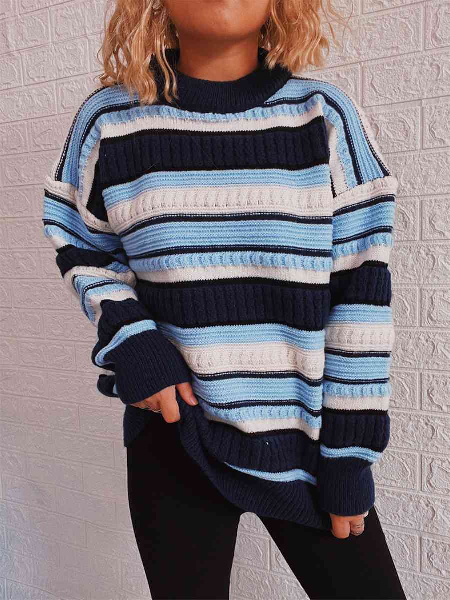 Dark Gray Striped Drop Shoulder Round Neck Sweater