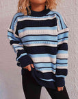 Dark Gray Striped Drop Shoulder Round Neck Sweater