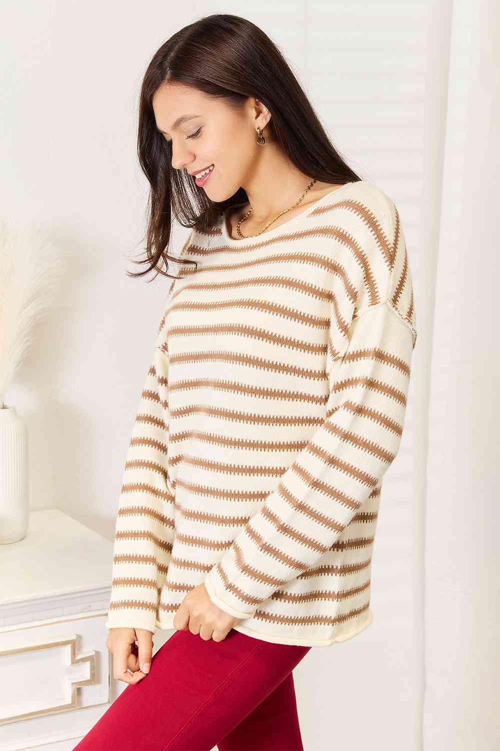 Antique White Double Take Striped Boat Neck Sweater