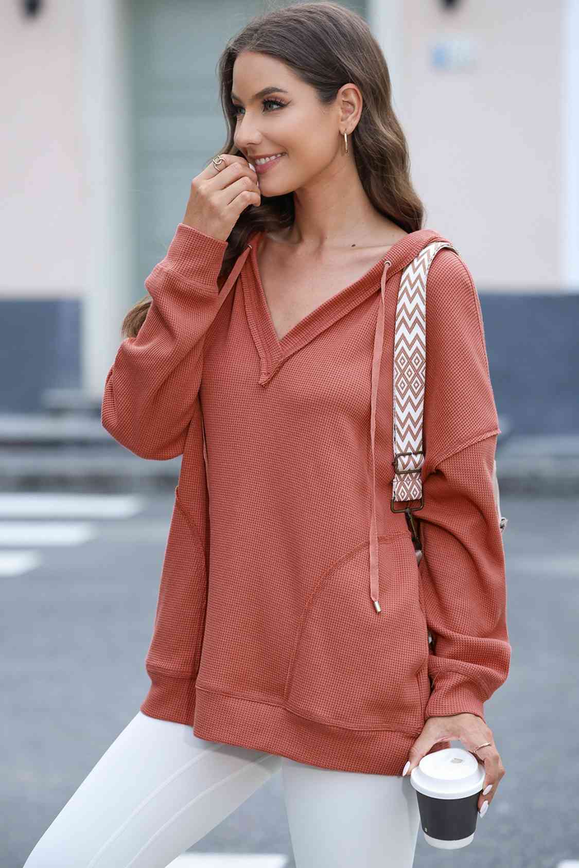 Rosy Brown Exposed Seam V-Neck Drawstring Hoodie