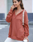 Rosy Brown Exposed Seam V-Neck Drawstring Hoodie