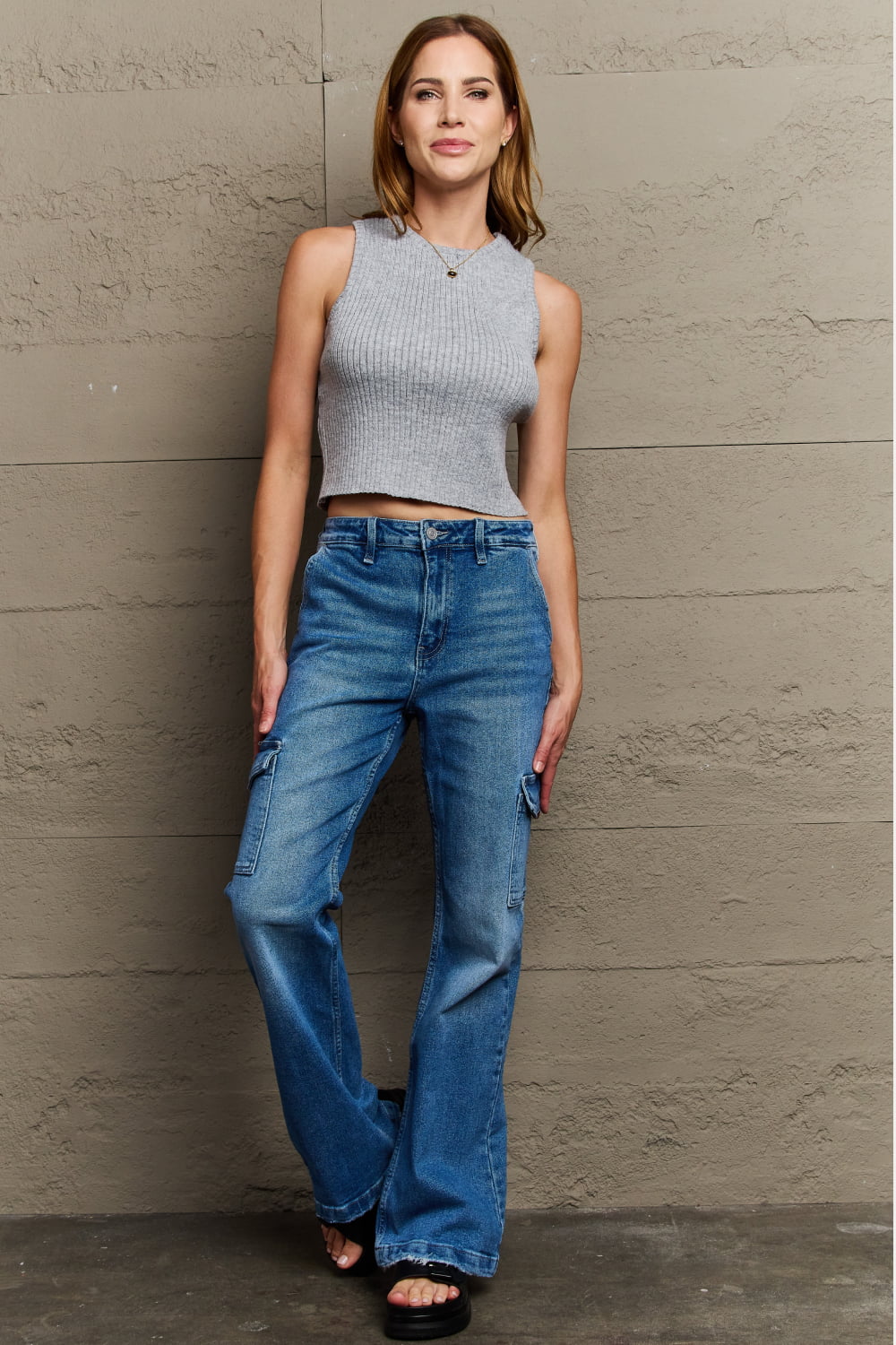 Slate Gray Kancan Holly High Waisted Cargo Flare Jeans Sentient Beauty Fashions Apparel & Accessories
