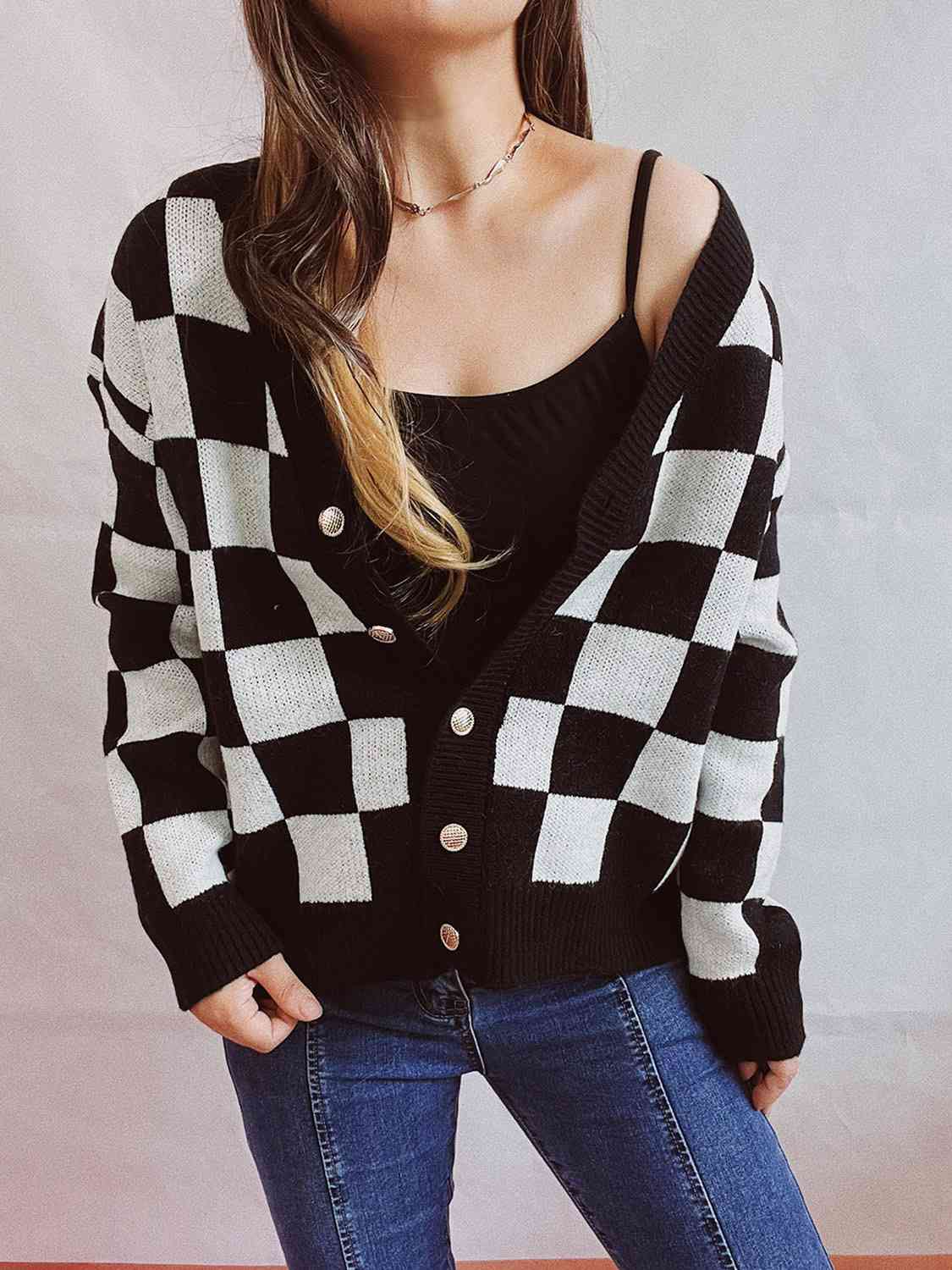 Black Checkered Open Front Button Up Cardigan Sentient Beauty Fashions Apparel &amp; Accessories