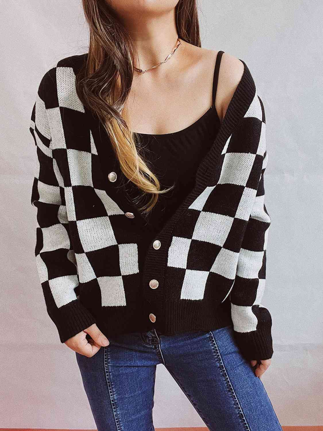 Black Checkered Open Front Button Up Cardigan