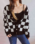 Black Checkered Open Front Button Up Cardigan Sentient Beauty Fashions Apparel & Accessories