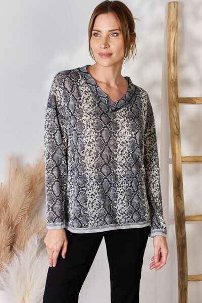 Gray Hailey &amp; Co Full Size Snakeskin V-Neck Long Sleeve Top Sentient Beauty Fashions Apparel &amp; Accessories