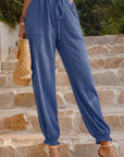 Rosy Brown Textured Smocked Waist Pants with Pockets Sentient Beauty Fashions Apparel & Accessories
