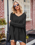 Dark Gray V-Neck Slit Exposed Seam Sweater