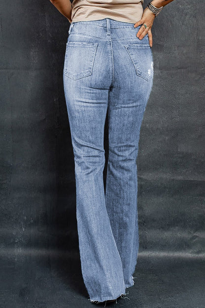 Dark Slate Gray Distressed Raw Hem Flare Jeans