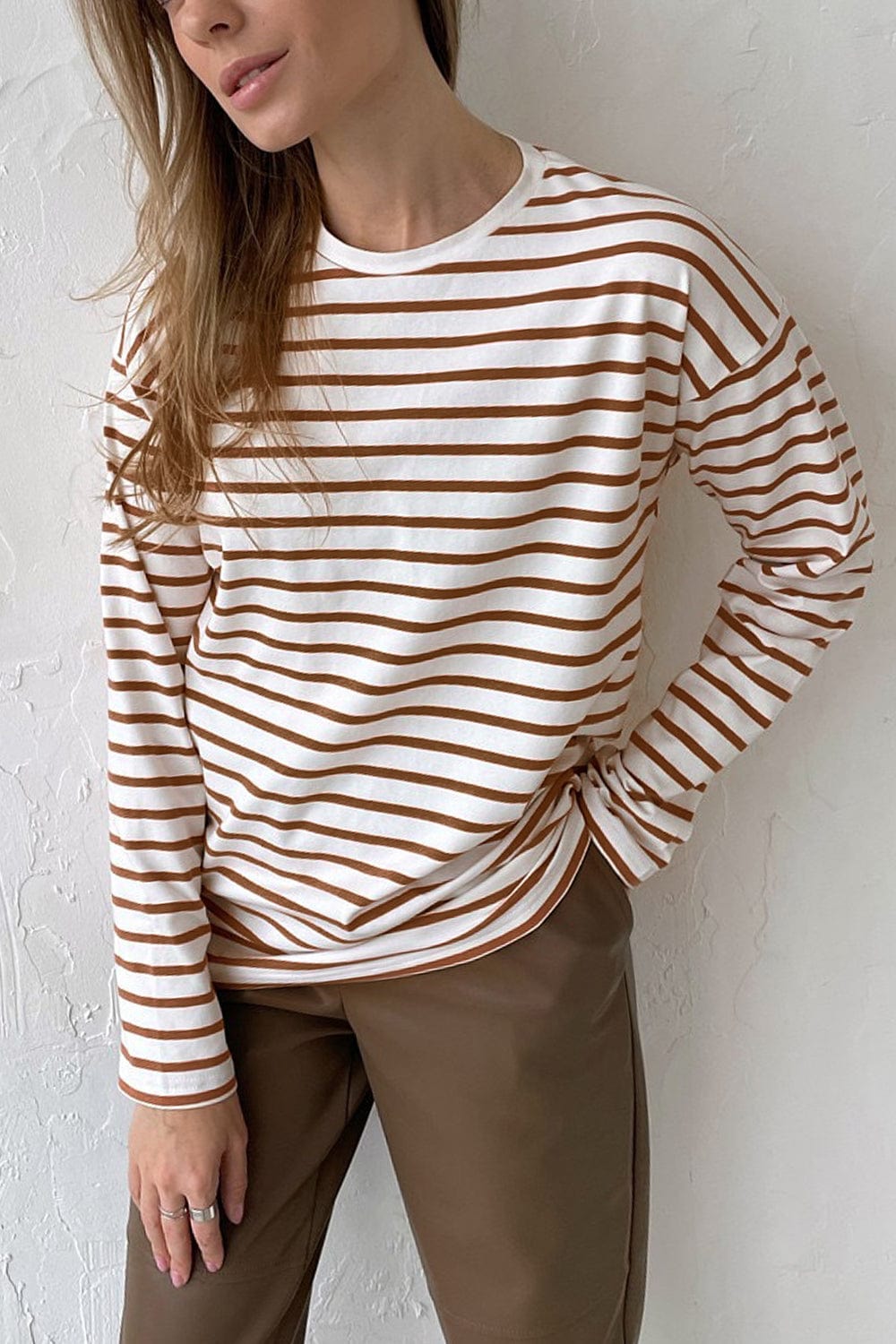 Gray Round Neck Striped Dropped Shoulder T-Shirt