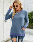 Dark Slate Gray Round Neck Long Sleeve Blouse