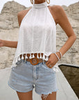 Gray Tied Openwork Tassel Grecian Sleeveless Top