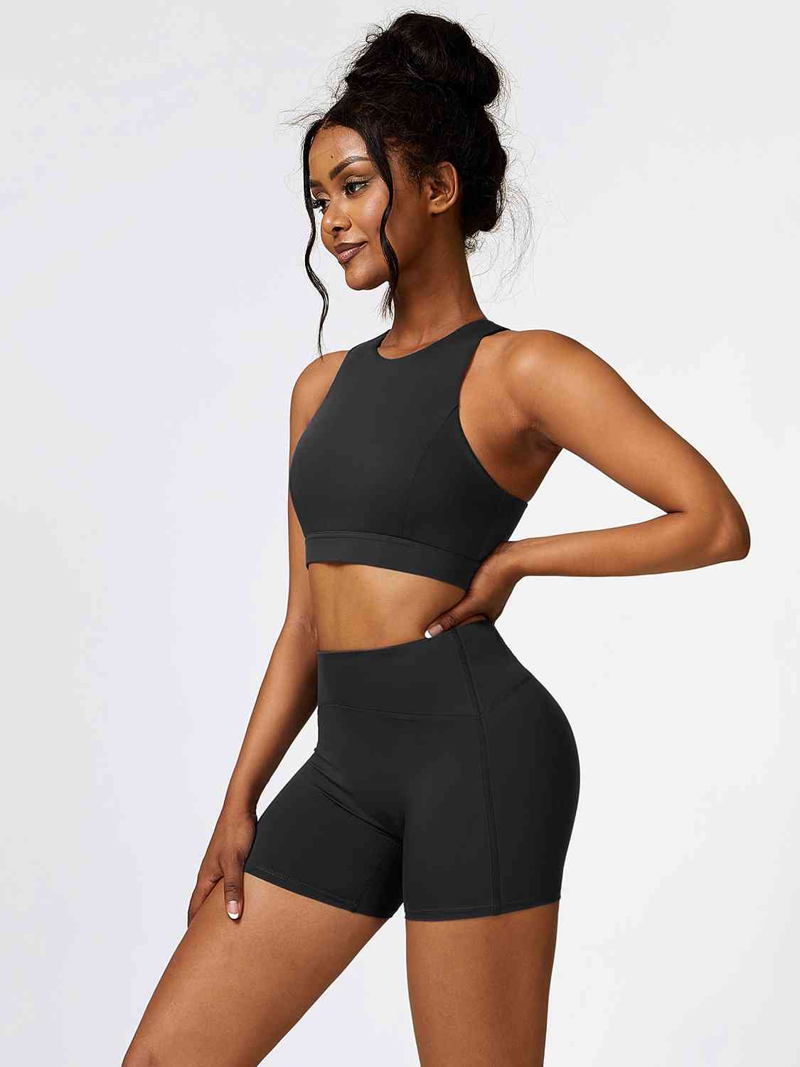Black Cutout Cropped Sport Tank and Shorts Set Sentient Beauty Fashions Apparel &amp; Accessories