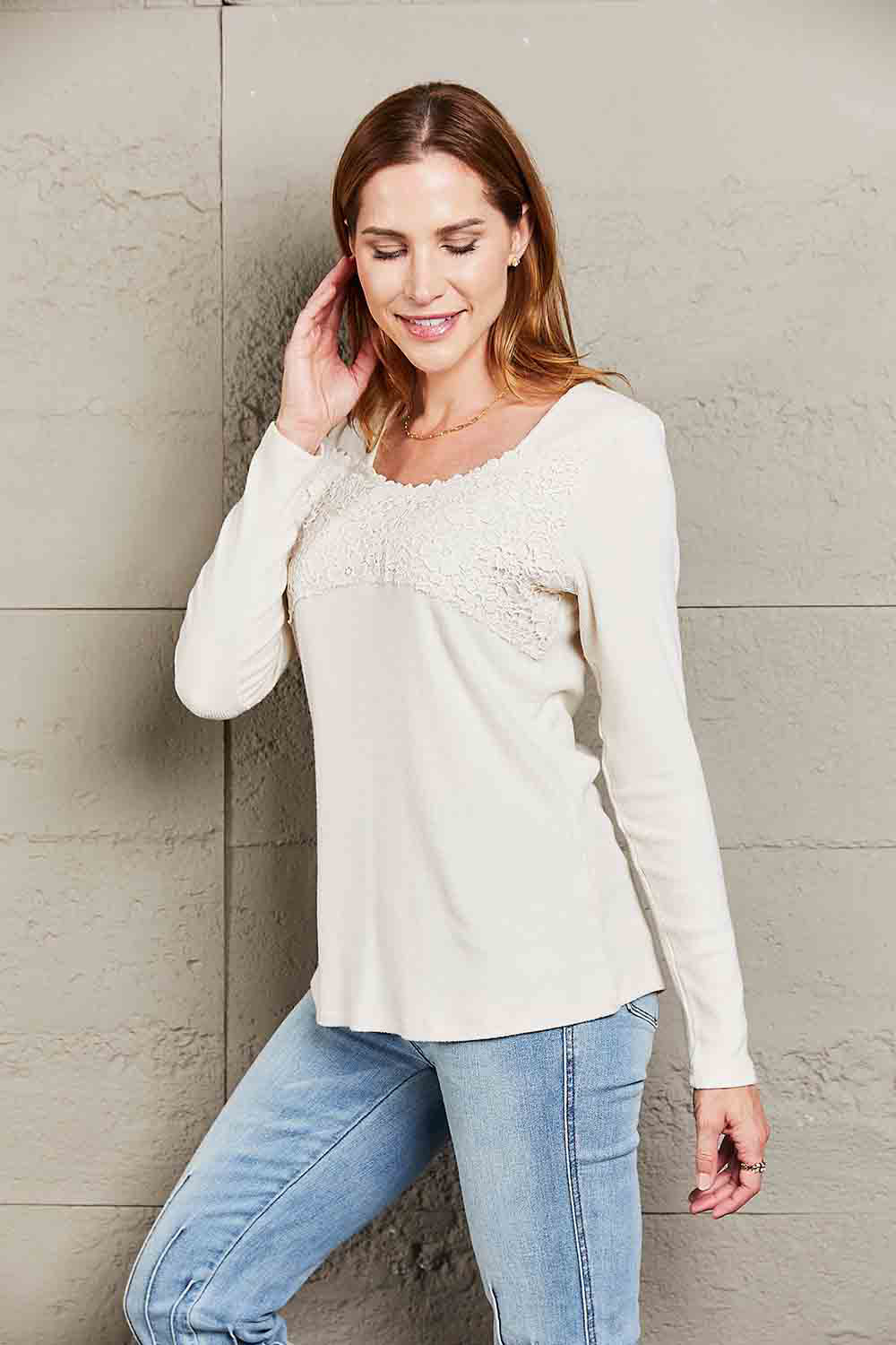 Gray Double Take Lace Crochet Long Sleeve Top Sentient Beauty Fashions Apparel & Accessories