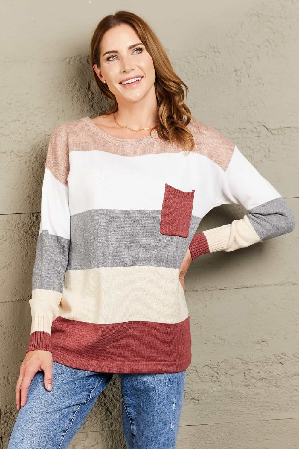 Dark Gray Woven Right Color Block Drop Shoulder Round Neck Sweater Sentient Beauty Fashions Apparel &amp; Accessories