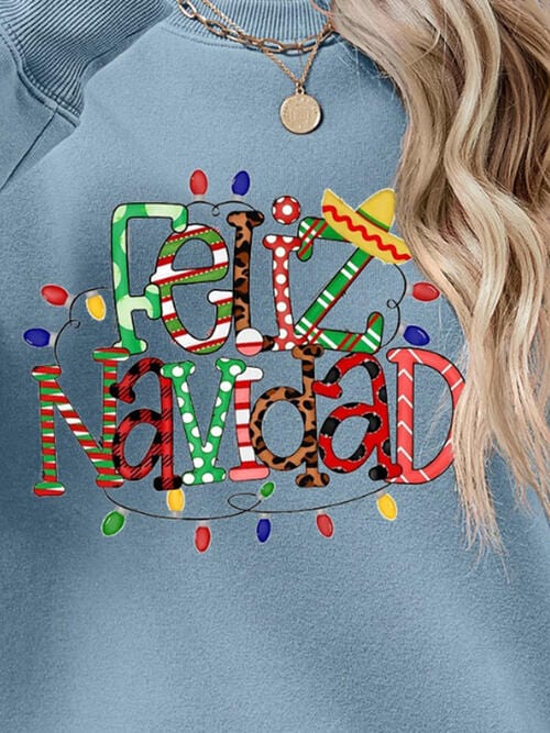 Light Slate Gray FELIZ NAVIDAD Round Neck Drop Shoulder Sweatshirt