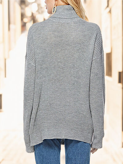 Gray Turtleneck Drop Shoulder Long Sleeve Sweater Sentient Beauty Fashions Apparel & Accessories