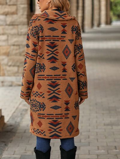 Rosy Brown Geometric Pocketed Dropped Shoulder Coat Sentient Beauty Fashions Apparel &amp; Accessories