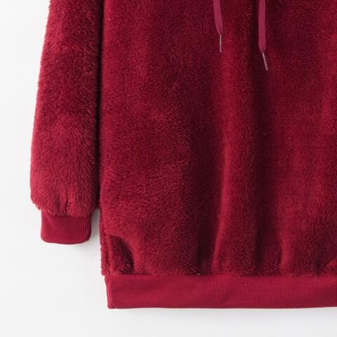 Dark Red Quarter-Zip Drawstring Teddy Hoodie