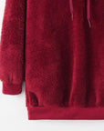 Dark Red Quarter-Zip Drawstring Teddy Hoodie