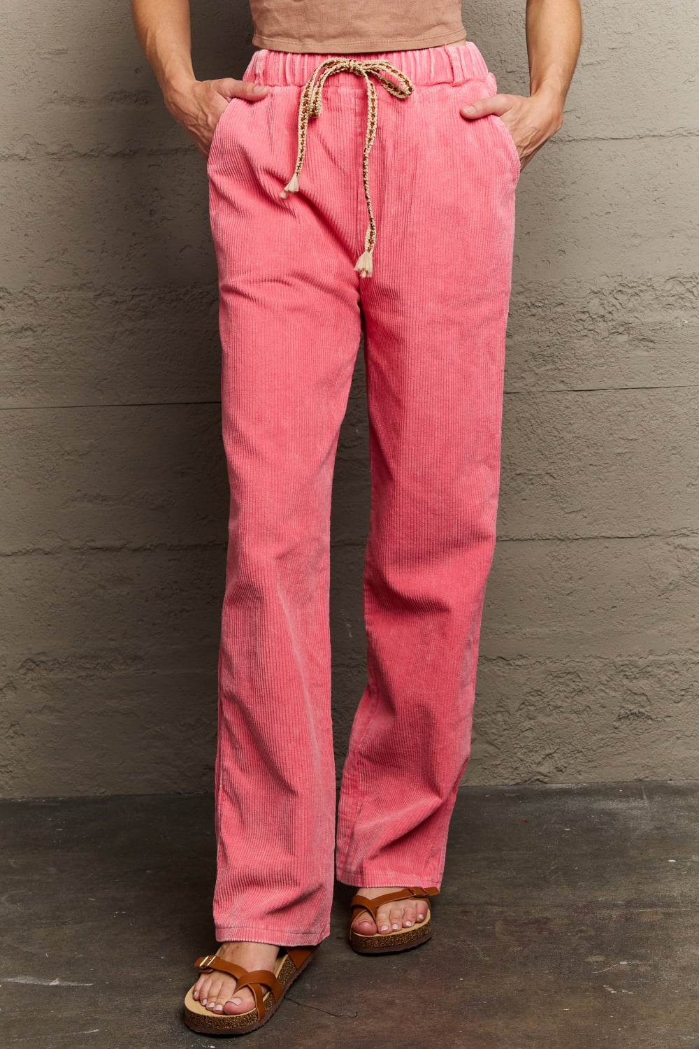 Dark Olive Green POL  Leap Of Faith Corduroy Straight Fit Pants in Neon Pink Sentient Beauty Fashions Apparel &amp; Accessories