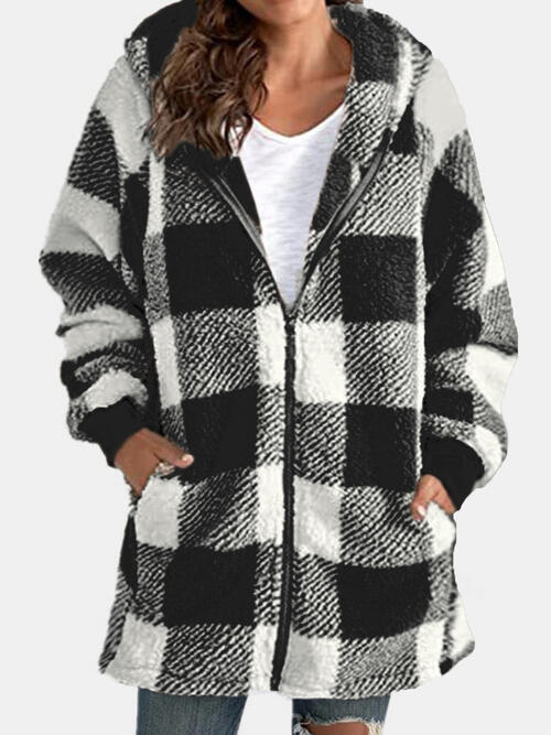 Light Gray Plaid Zip Up Hooded Jacket with Pockets Sentient Beauty Fashions Apparel &amp; Accessories