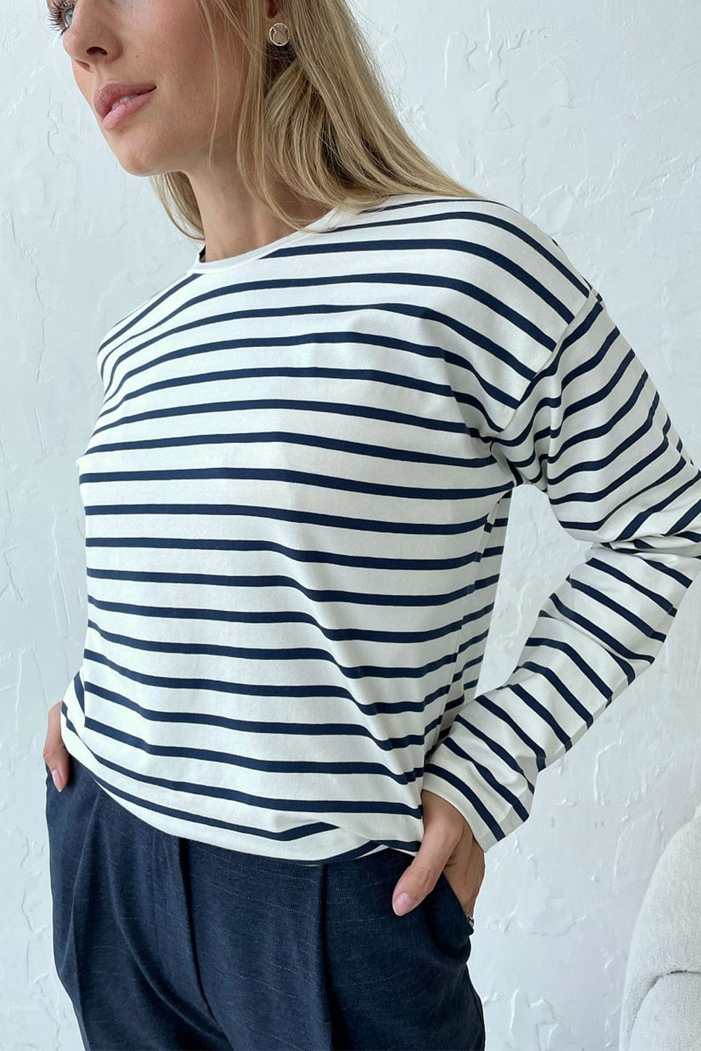 Light Gray Round Neck Striped Dropped Shoulder T-Shirt