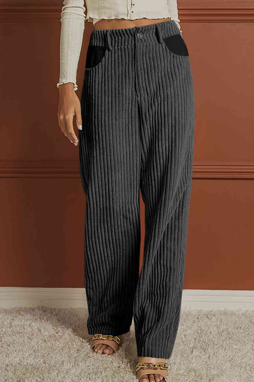 Dark Slate Gray Ribbed Longline Pocketed Pants Sentient Beauty Fashions Apparel & Accessories