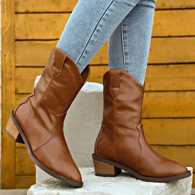 Sienna PU Leather Block Heel Boots Sentient Beauty Fashions Apparel & Accessories