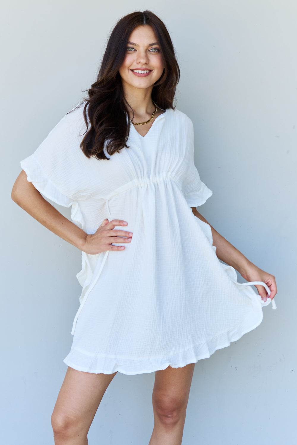 Light Gray Ninexis Out Of Time Full Size Ruffle Hem Dress with Drawstring Waistband in White Sentient Beauty Fashions Apparel & Accessories