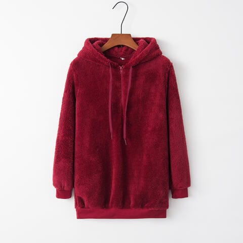 Dark Red Quarter-Zip Drawstring Teddy Hoodie