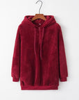 Dark Red Quarter-Zip Drawstring Teddy Hoodie