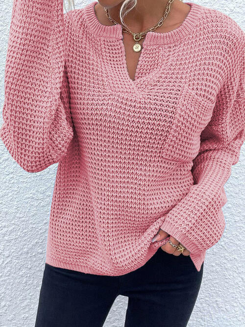 Rosy Brown Notched Long Sleeve Sweater