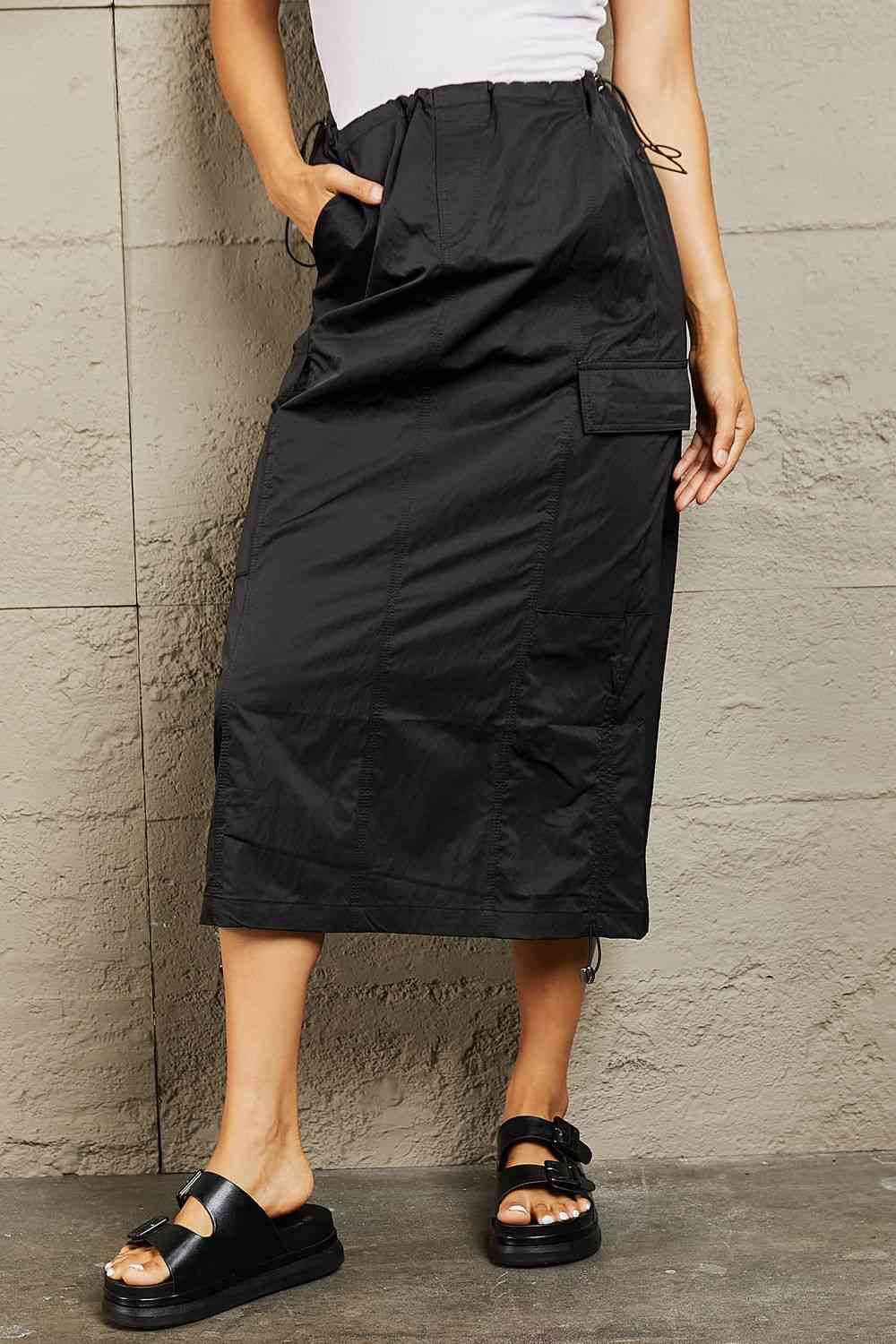 Rosy Brown HYFVE Just In Time High Waisted Cargo Midi Skirt in Black Sentient Beauty Fashions Apparel &amp; Accessories