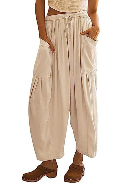 Tan Full Size Pocketed Drawstring Wide Leg Pants Sentient Beauty Fashions Apparel & Accessories